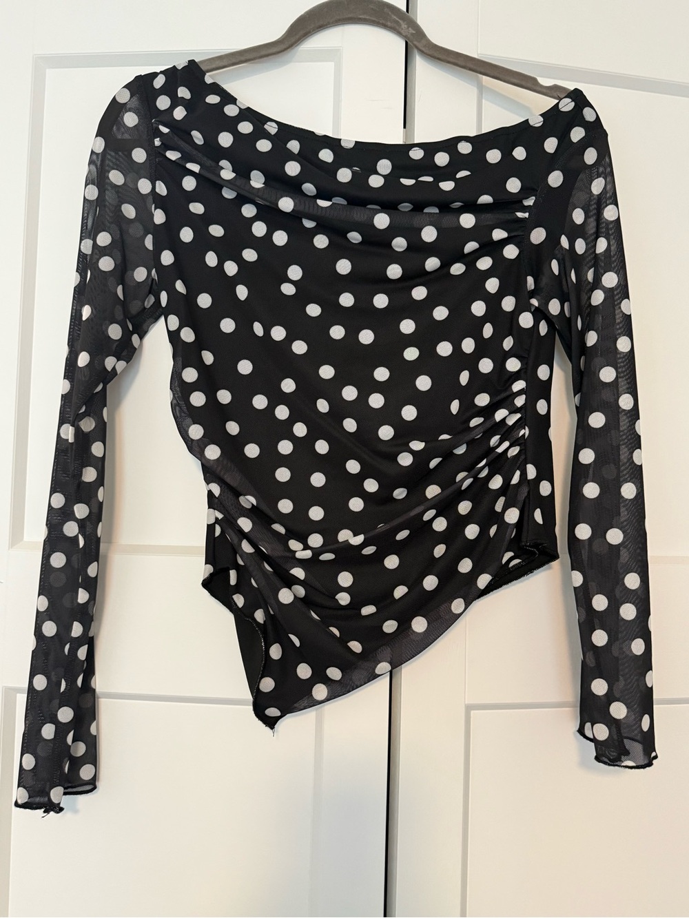 Black & White Polka Dot Long-Sleeve Mesh Blouse